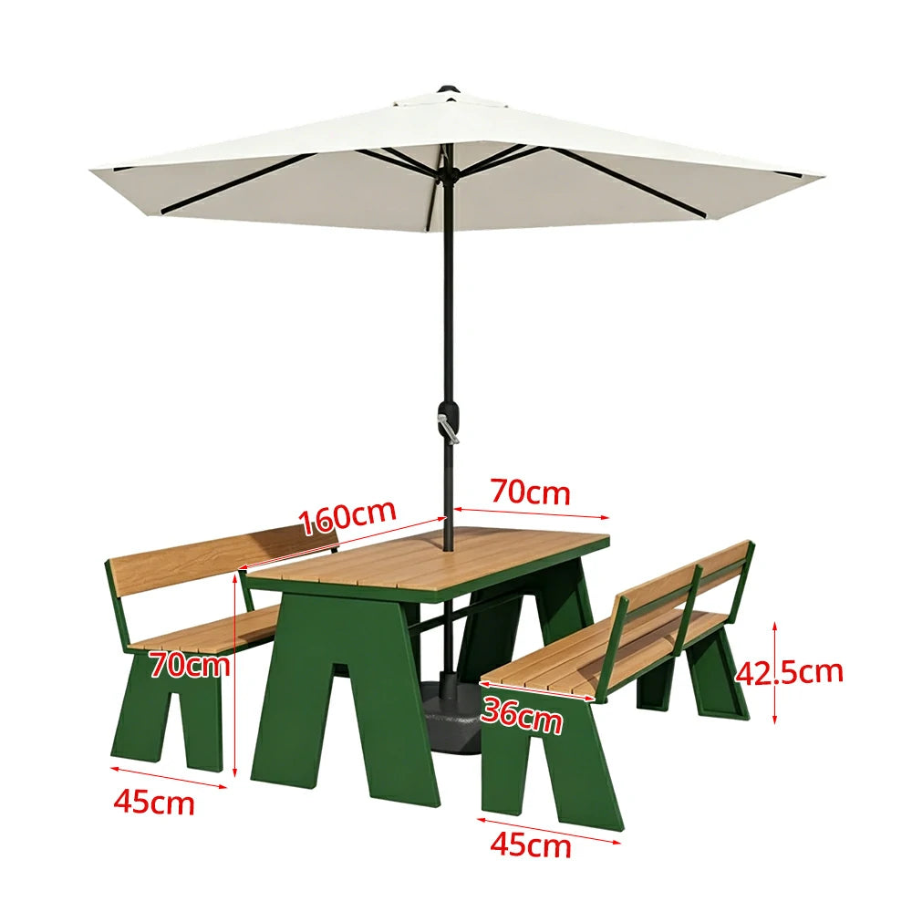 SOLARA Outdoor Table and Bench Set with Umbrella Waterproof WPC and Metal Frame 120/140/160cm for Garden Patio Hotel - Green