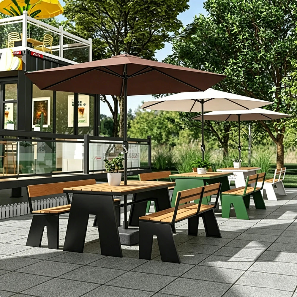 SOLARA Outdoor Table and Bench Set with Umbrella Waterproof WPC and Metal Frame 120/140/160cm for Garden Patio Hotel - Black