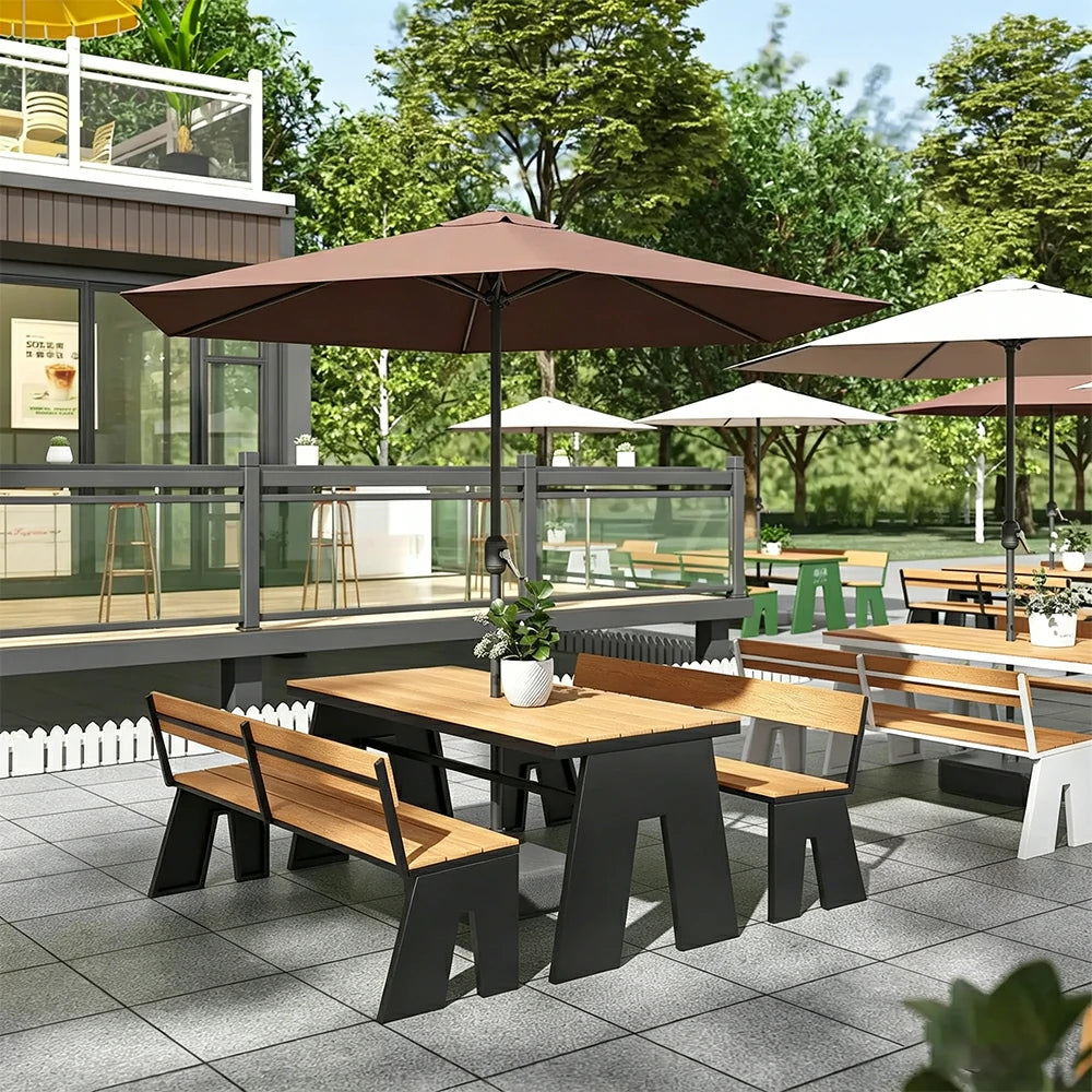 SOLARA Outdoor Table and Bench Set with Umbrella Waterproof WPC and Metal Frame 120/140/160cm for Garden Patio Hotel - Black