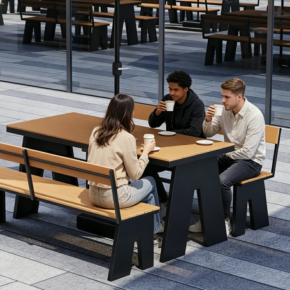 SOLARA Outdoor Table and Bench Set with Umbrella Waterproof WPC and Metal Frame 120/140/160cm for Garden Patio Hotel - Black