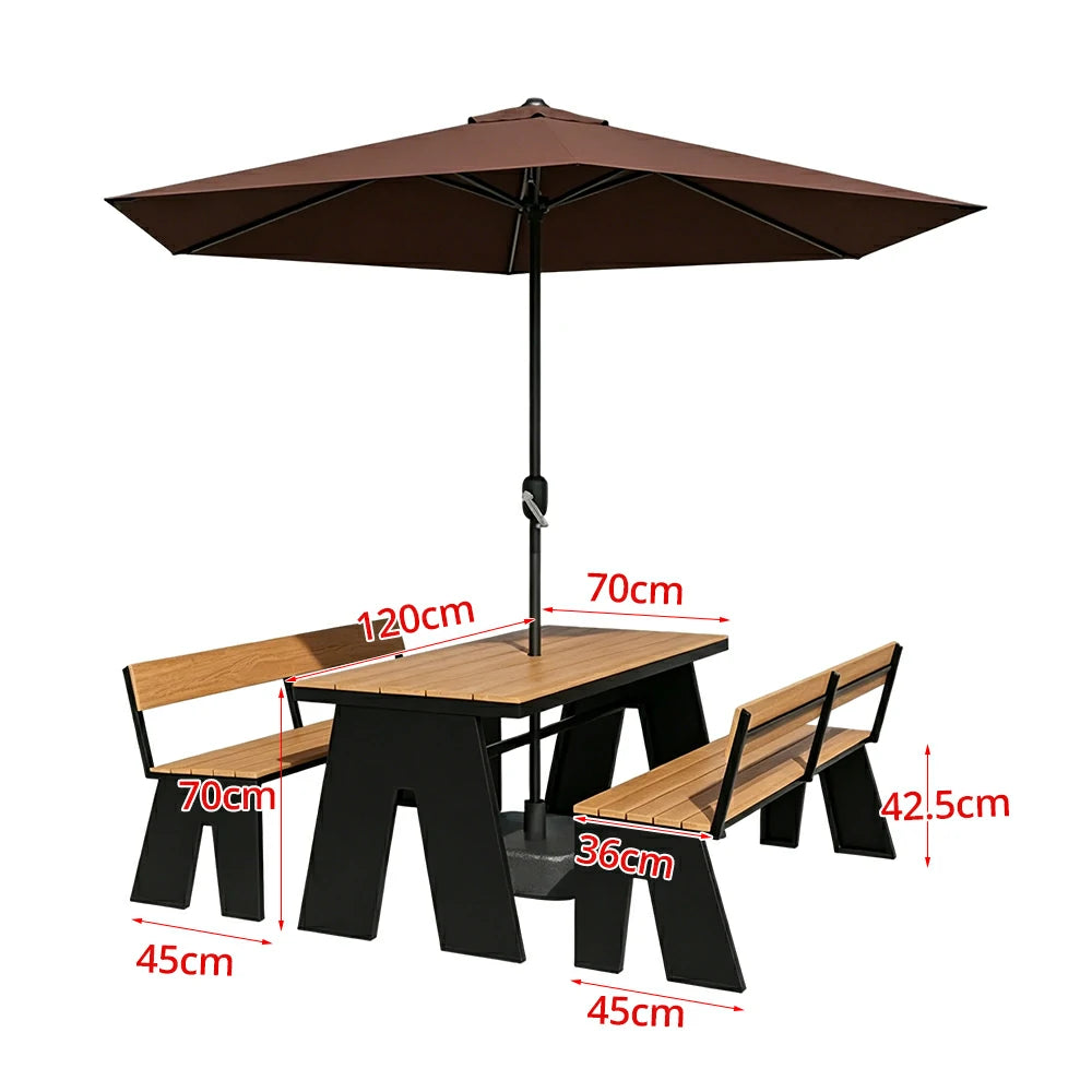SOLARA Outdoor Table and Bench Set with Umbrella Waterproof WPC and Metal Frame 120/140/160cm for Garden Patio Hotel - Black