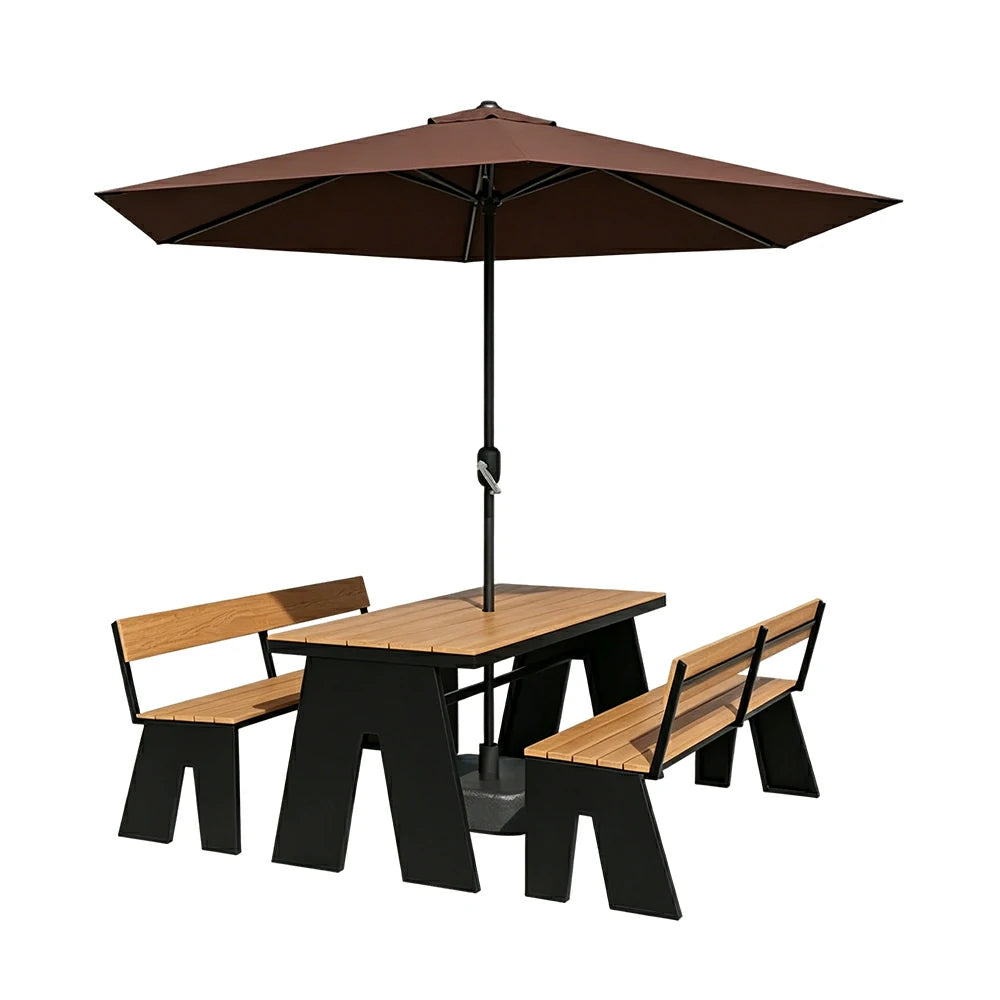 SOLARA Outdoor Table and Bench Set with Umbrella Waterproof WPC and Metal Frame 120/140/160cm for Garden Patio Hotel - Black