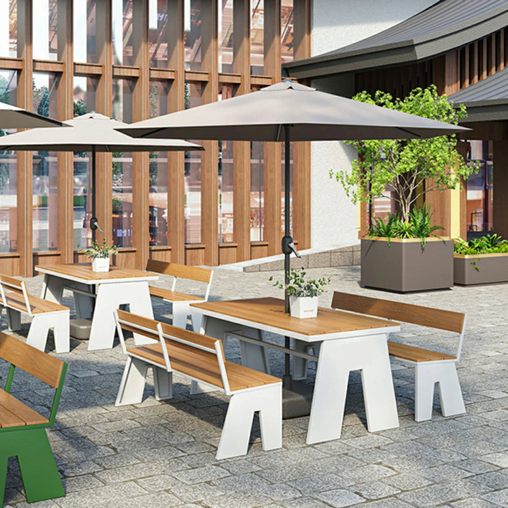 SOLARA Outdoor Table and Bench Set with Umbrella Waterproof WPC and Metal Frame 120/140/160cm for Garden Patio Hotel - White
