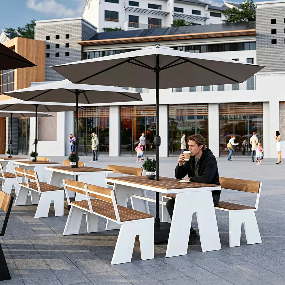 SOLARA Outdoor Table and Bench Set with Umbrella Waterproof WPC and Metal Frame 120/140/160cm for Garden Patio Hotel - White
