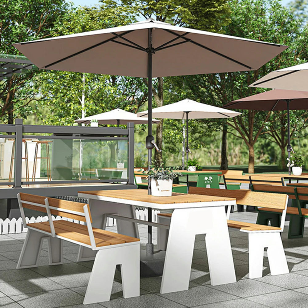 SOLARA Outdoor Table and Bench Set with Umbrella Waterproof WPC and Metal Frame 120/140/160cm for Garden Patio Hotel - White