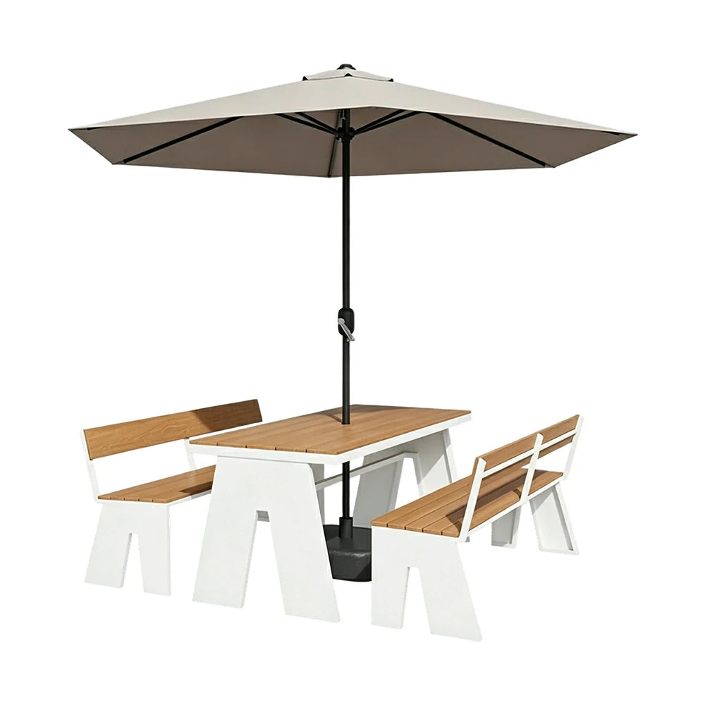 SOLARA Outdoor Table and Bench Set with Umbrella Waterproof WPC and Metal Frame 120/140/160cm for Garden Patio Hotel - White