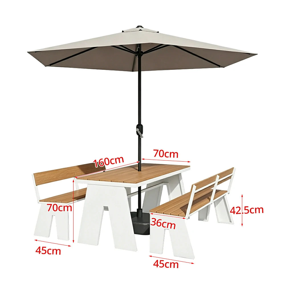 SOLARA Outdoor Table and Bench Set with Umbrella Waterproof WPC and Metal Frame 120/140/160cm for Garden Patio Hotel - White