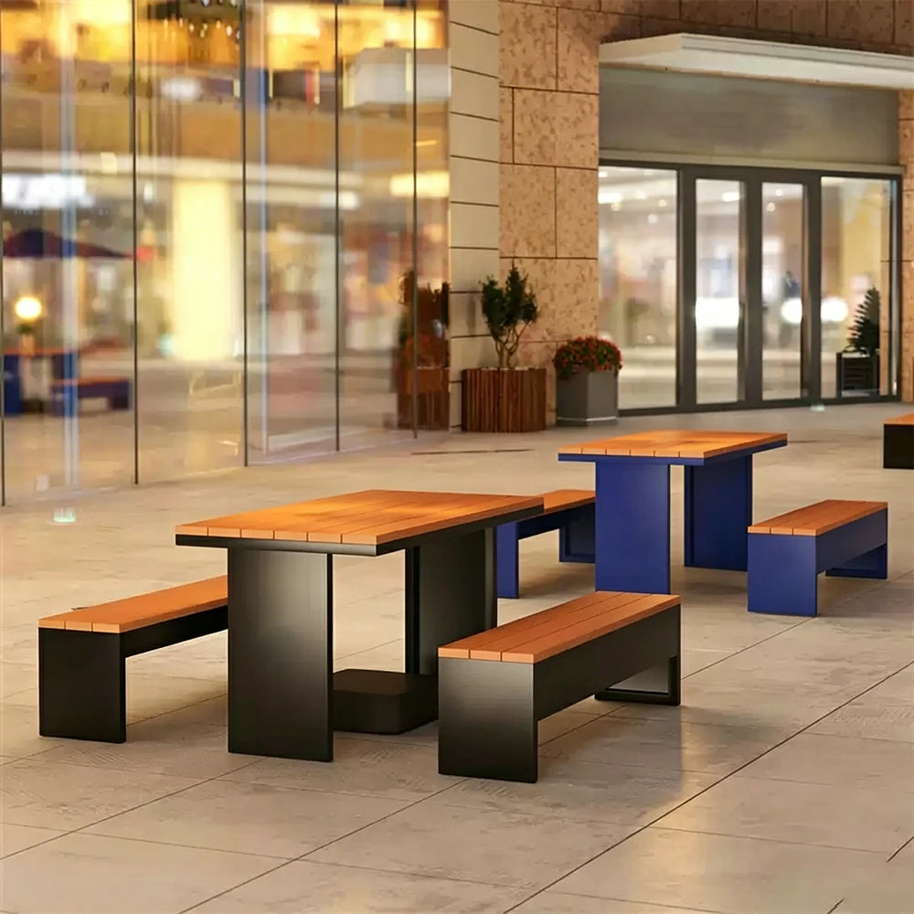 SOLARA Outdoor Table Bench Set Heavy Duty Metal Frame 120/140/160cm Patio Garden Cafe Use - Black