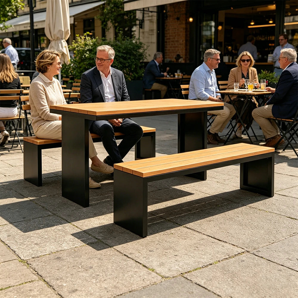 SOLARA Outdoor Table Bench Set Heavy Duty Metal Frame 120/140/160cm Patio Garden Cafe Use - Black
