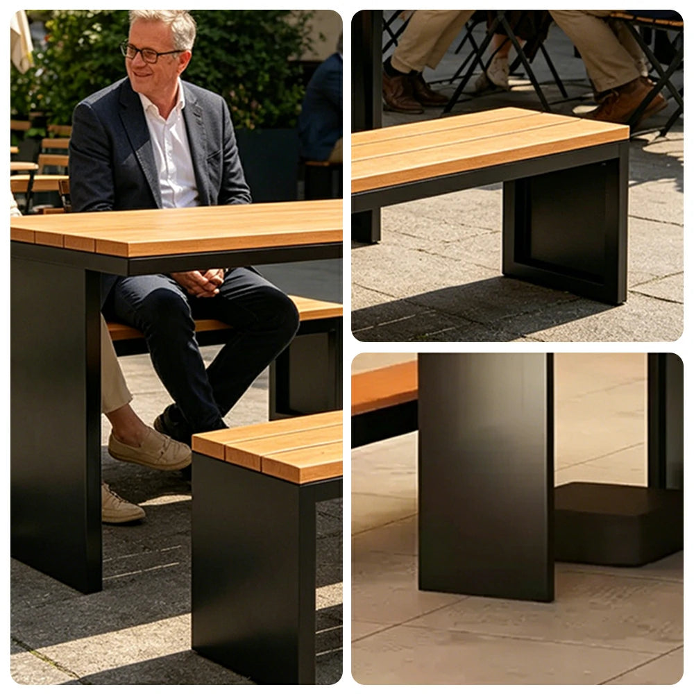 SOLARA Outdoor Table Bench Set Heavy Duty Metal Frame 120/140/160cm Patio Garden Cafe Use - Black