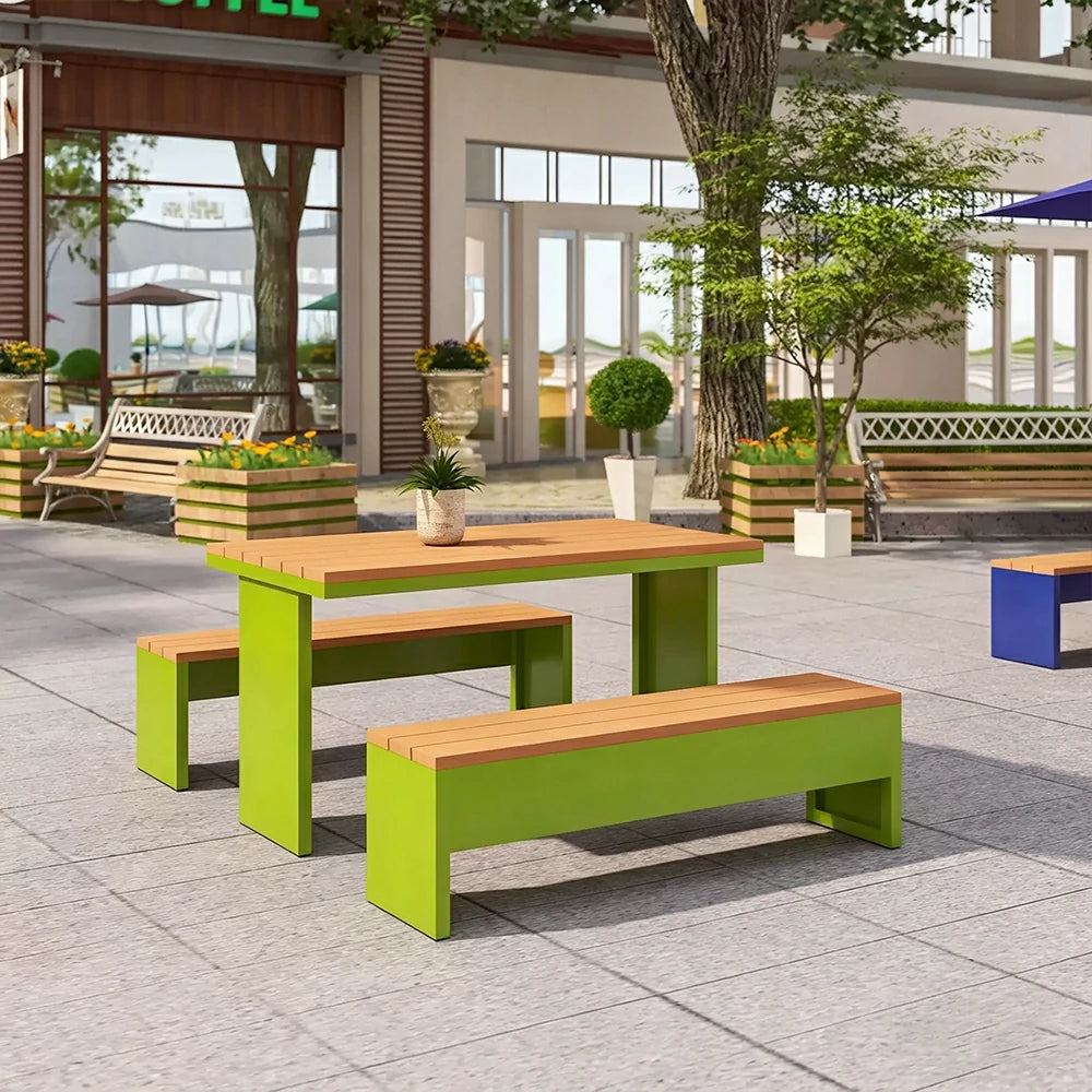 SOLARA Outdoor Table Bench Set Heavy Duty Metal Frame 120/140/160cm Patio Garden Cafe Use - Green