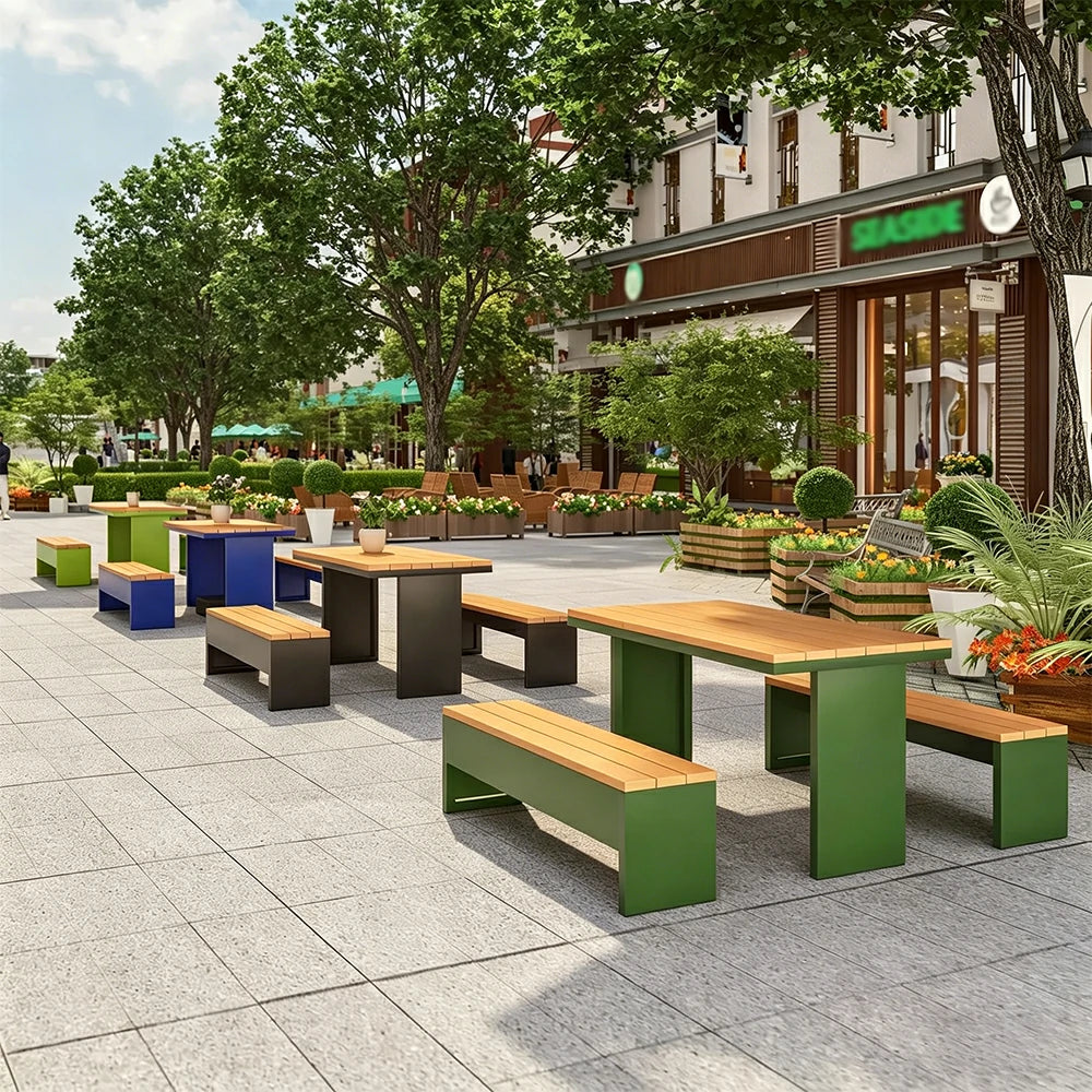 SOLARA Outdoor Table Bench Set Heavy Duty Metal Frame 120/140/160cm Patio Garden Cafe Use - Green