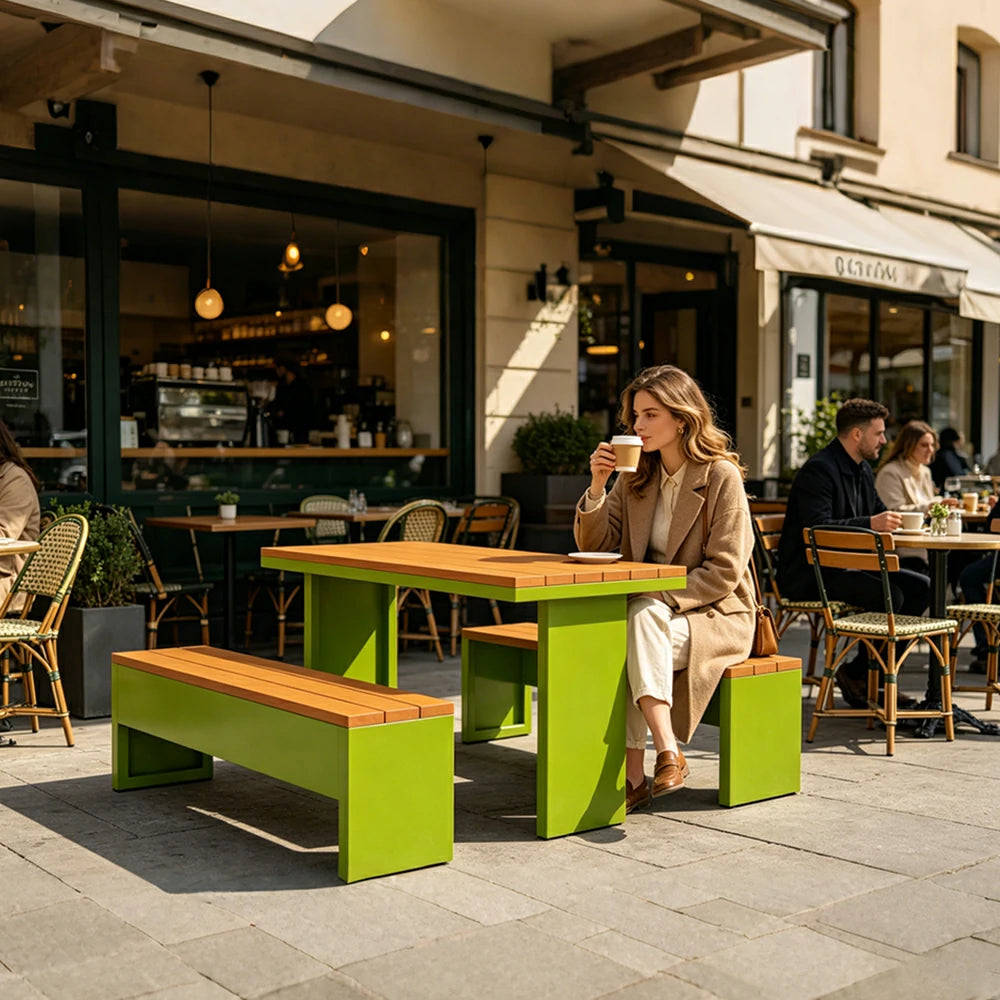SOLARA Outdoor Table Bench Set Heavy Duty Metal Frame 120/140/160cm Patio Garden Cafe Use - Green