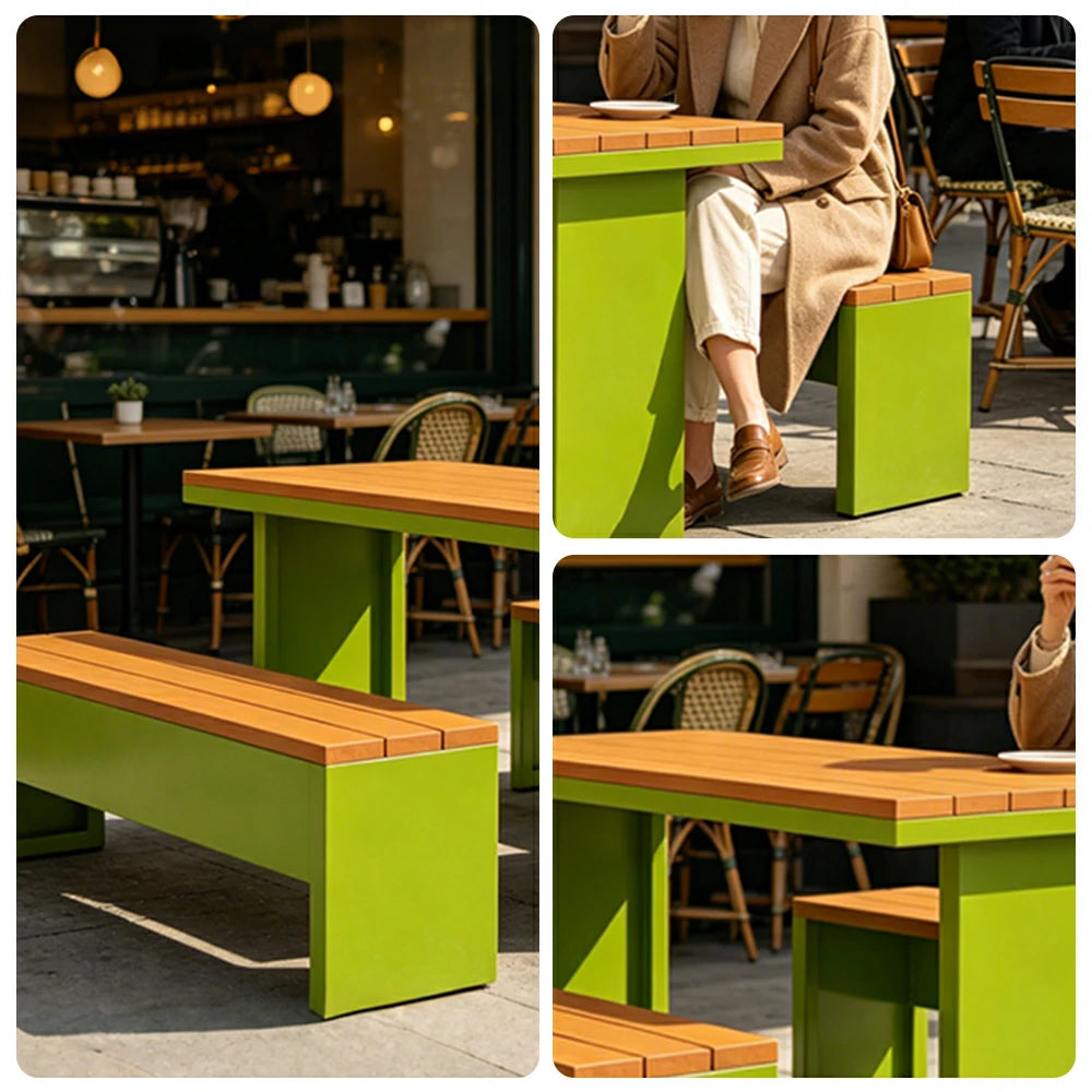 SOLARA Outdoor Table Bench Set Heavy Duty Metal Frame 120/140/160cm Patio Garden Cafe Use - Green