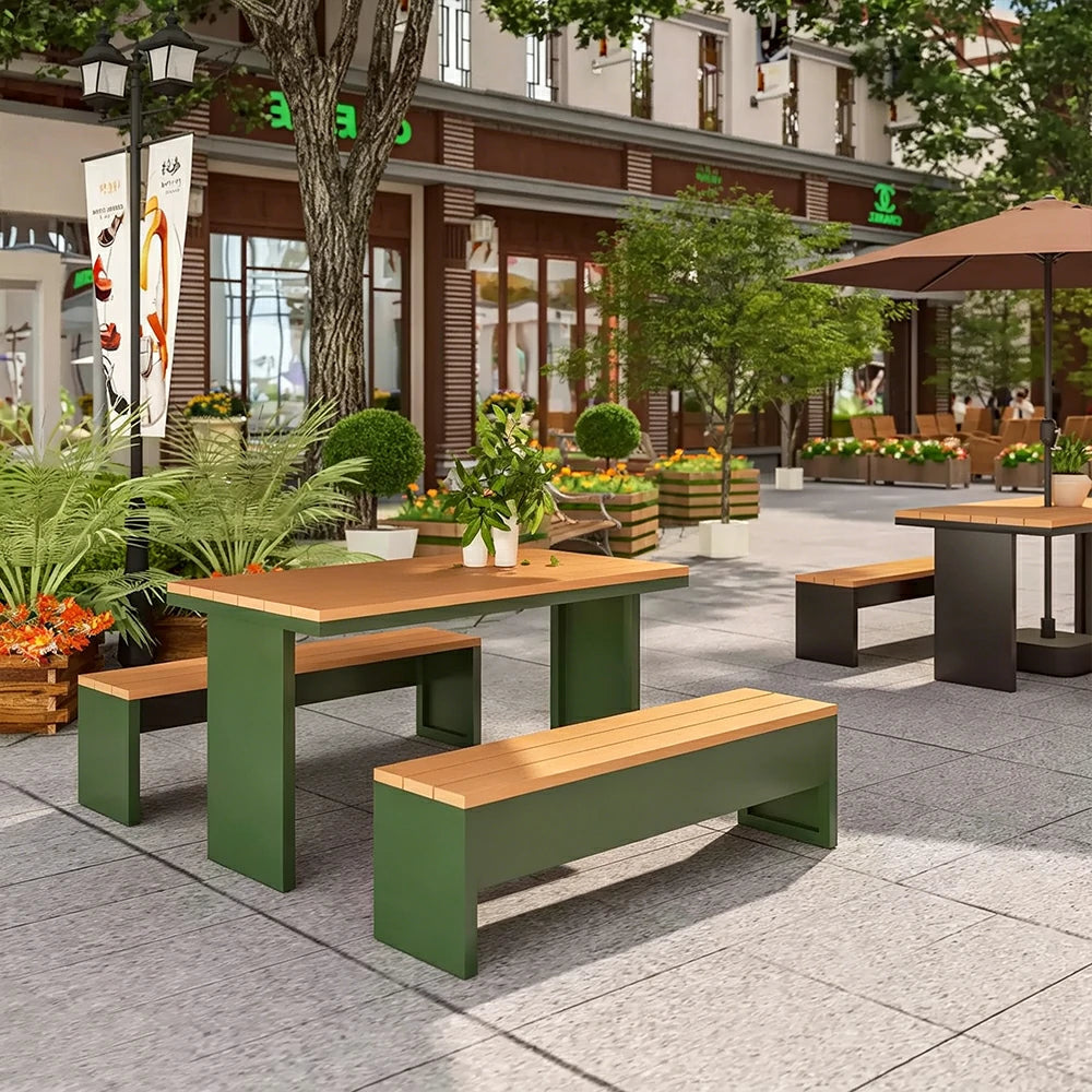 SOLARA Outdoor Table Bench Set Heavy Duty Metal Frame 120/140/160cm Patio Garden Cafe Use - Dark Green