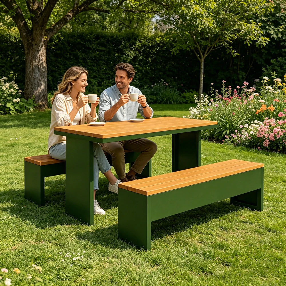 SOLARA Outdoor Table Bench Set Heavy Duty Metal Frame 120/140/160cm Patio Garden Cafe Use - Dark Green