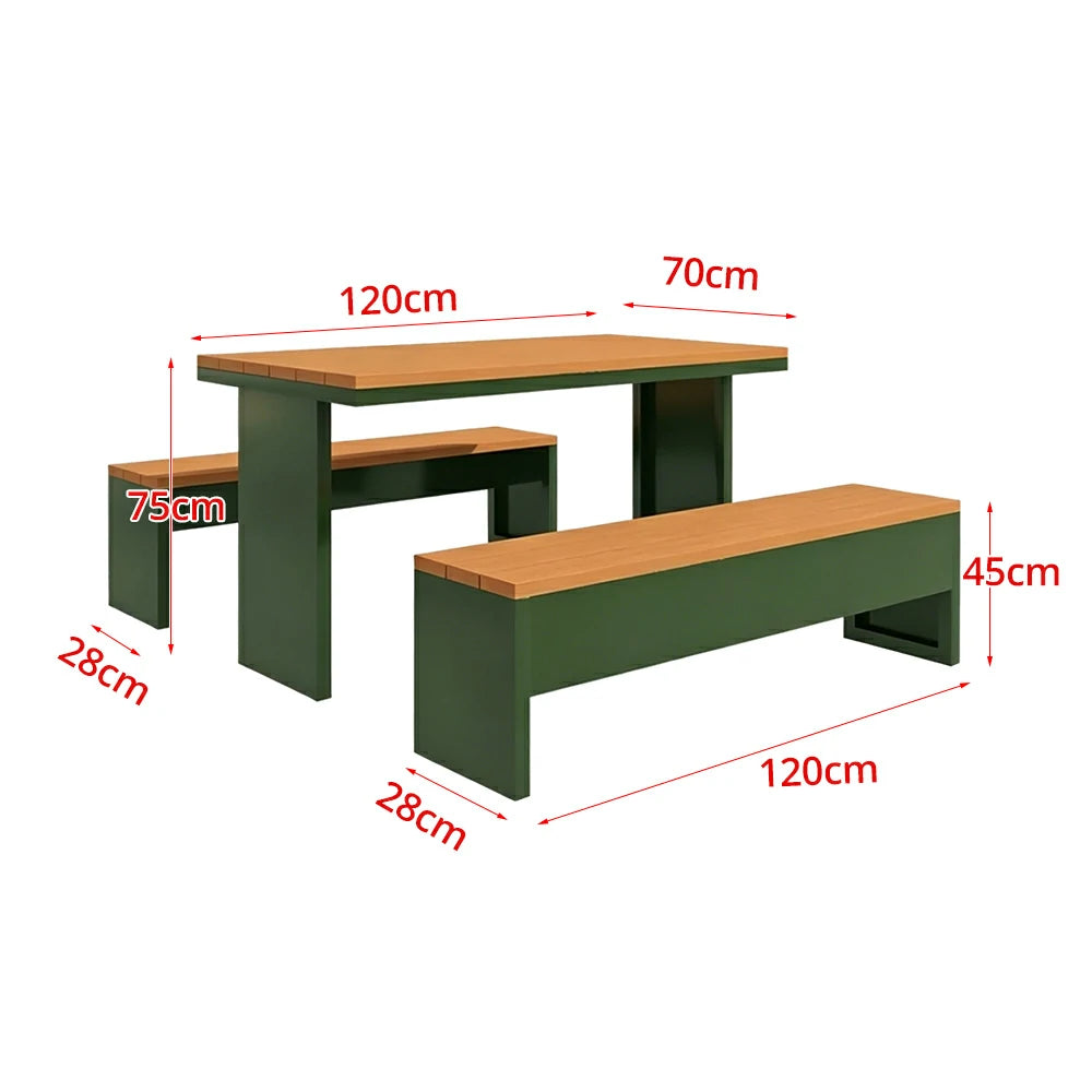 SOLARA Outdoor Table Bench Set Heavy Duty Metal Frame 120/140/160cm Patio Garden Cafe Use - Dark Green