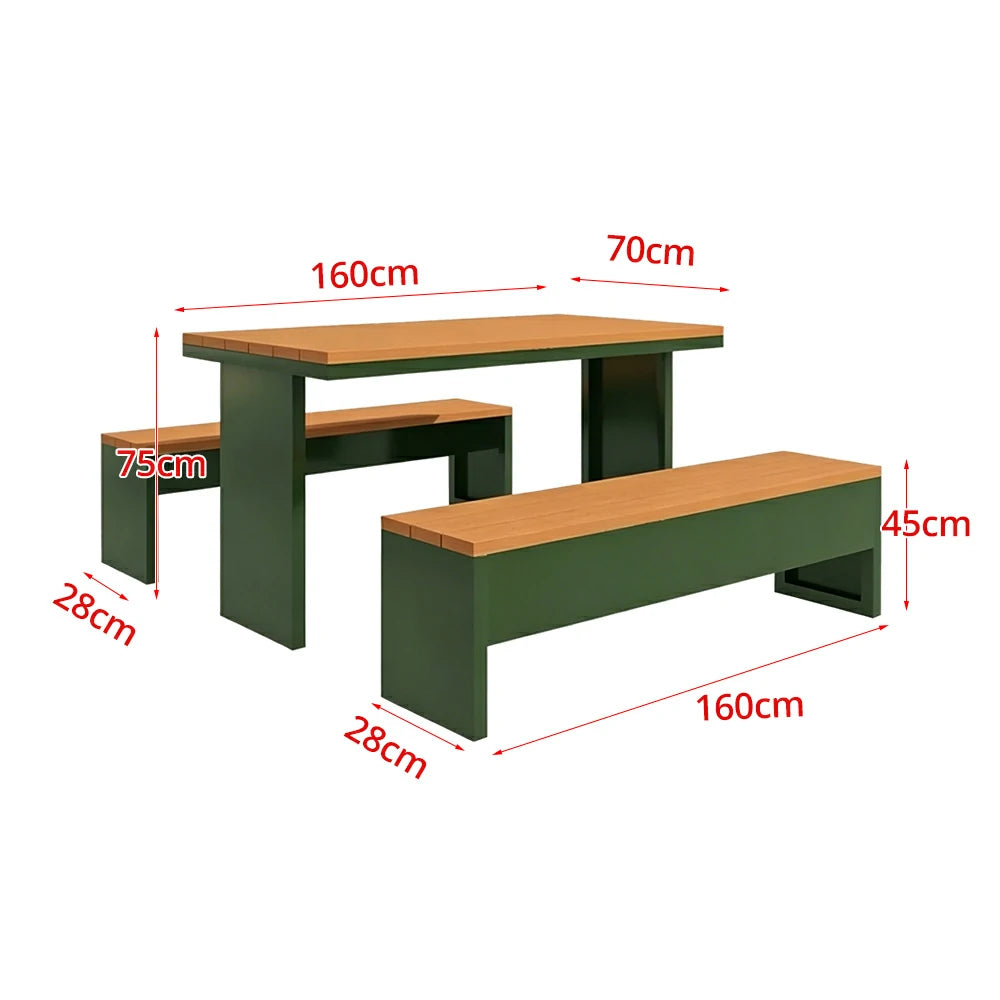 SOLARA Outdoor Table Bench Set Heavy Duty Metal Frame 120/140/160cm Patio Garden Cafe Use - Dark Green