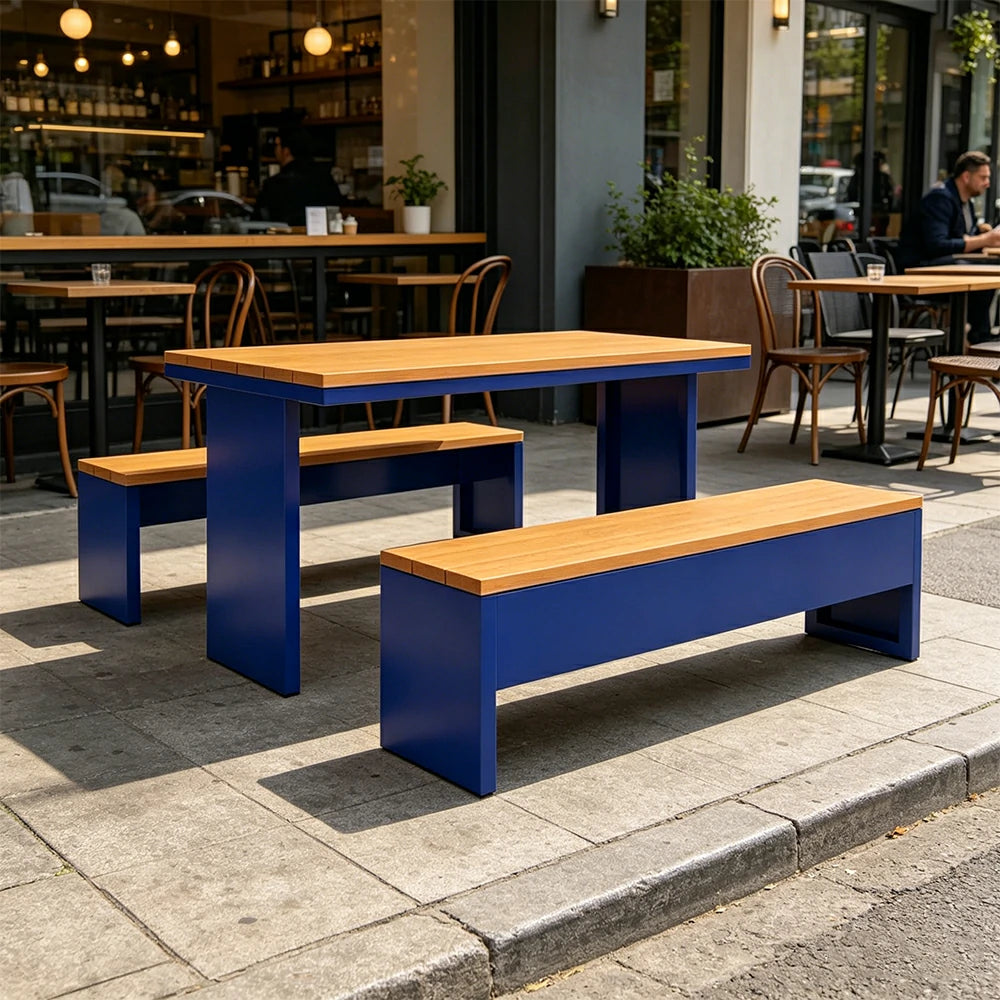 SOLARA Outdoor Table Bench Set Heavy Duty Metal Frame 120/140/160cm Patio Garden Cafe Use - Blue