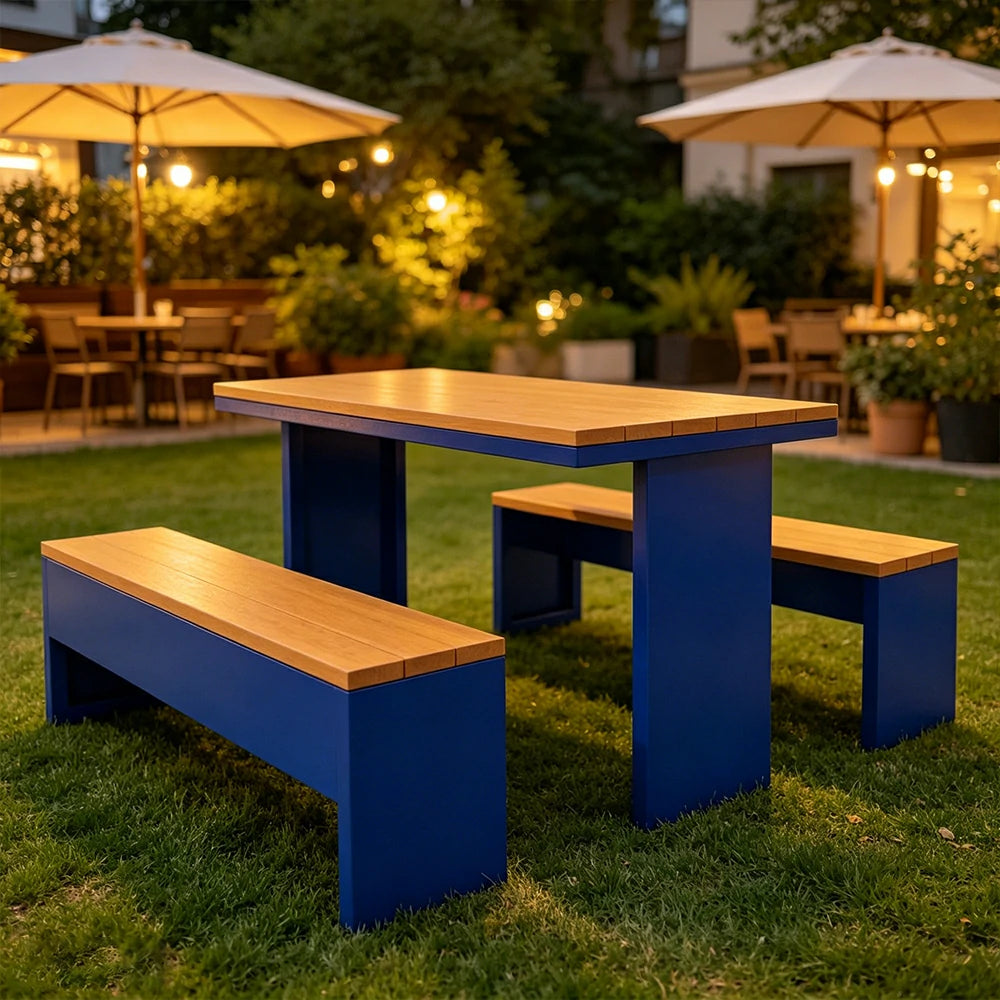 SOLARA Outdoor Table Bench Set Heavy Duty Metal Frame 120/140/160cm Patio Garden Cafe Use - Blue