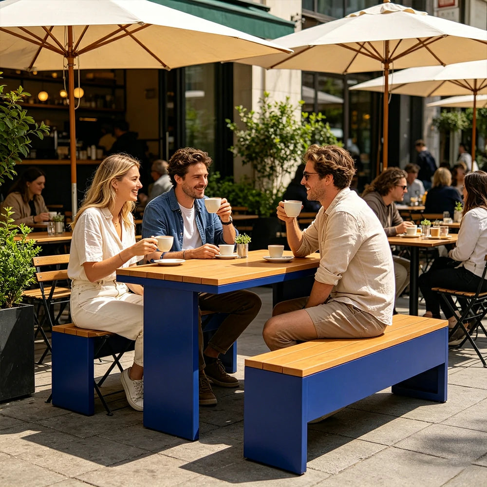 SOLARA Outdoor Table Bench Set Heavy Duty Metal Frame 120/140/160cm Patio Garden Cafe Use - Blue