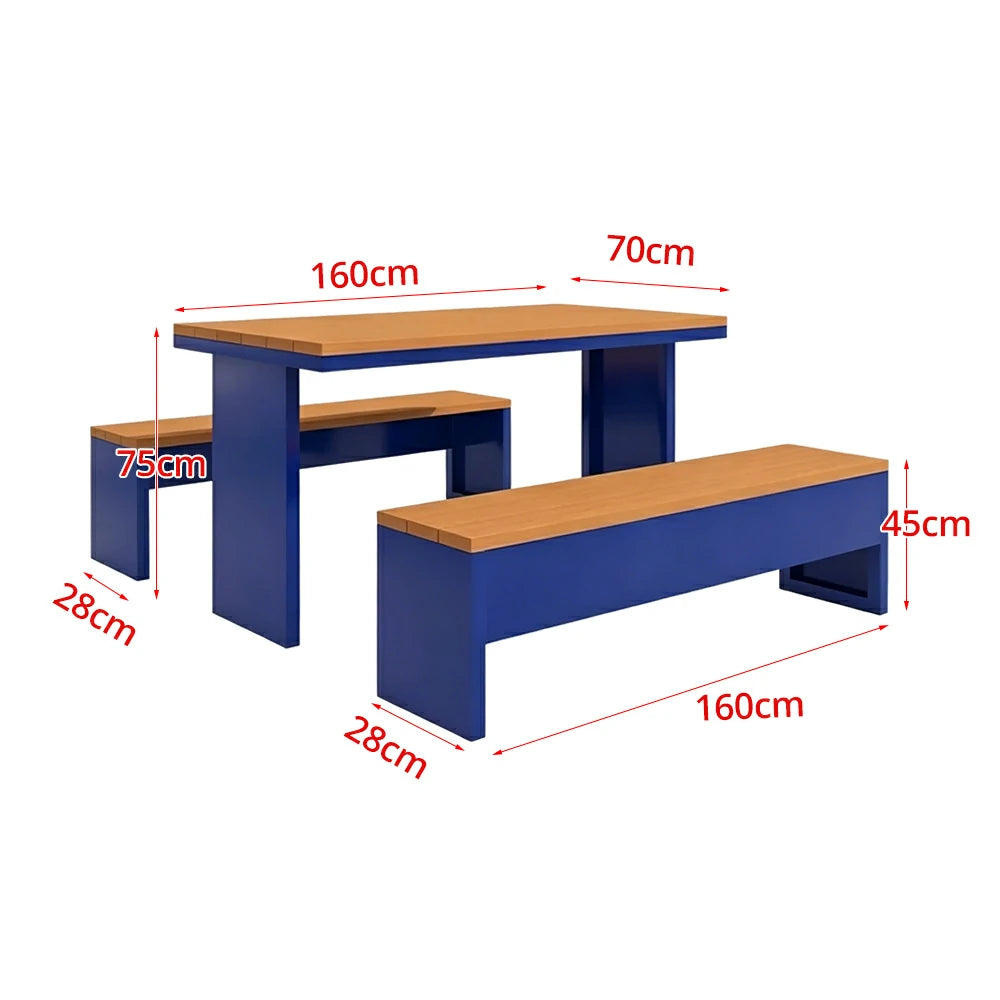 SOLARA Outdoor Table Bench Set Heavy Duty Metal Frame 120/140/160cm Patio Garden Cafe Use - Blue