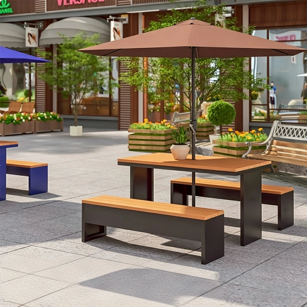 SOLARA Outdoor Table Bench Set with Umbrella Heavy Duty Metal Frame 120/140/160cm Patio Garden Cafe Use - Black