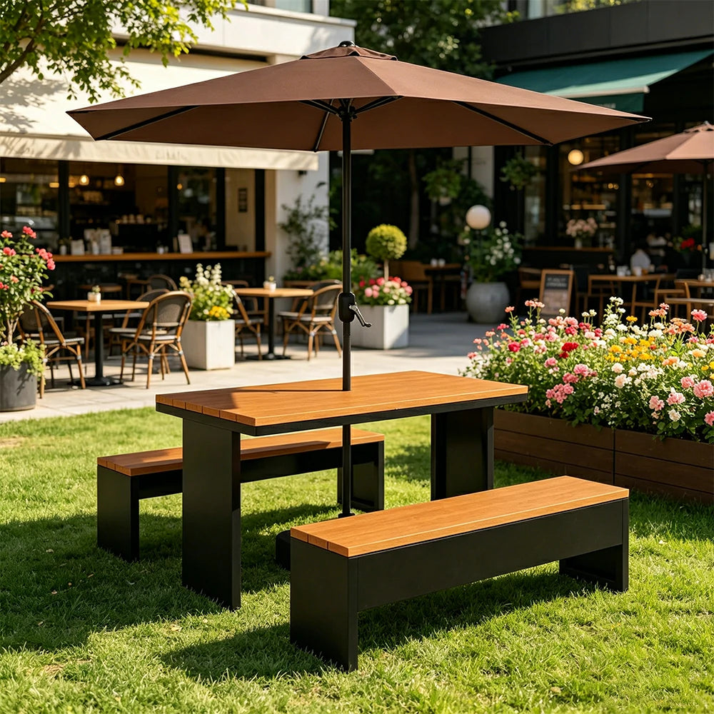 SOLARA Outdoor Table Bench Set with Umbrella Heavy Duty Metal Frame 120/140/160cm Patio Garden Cafe Use - Black