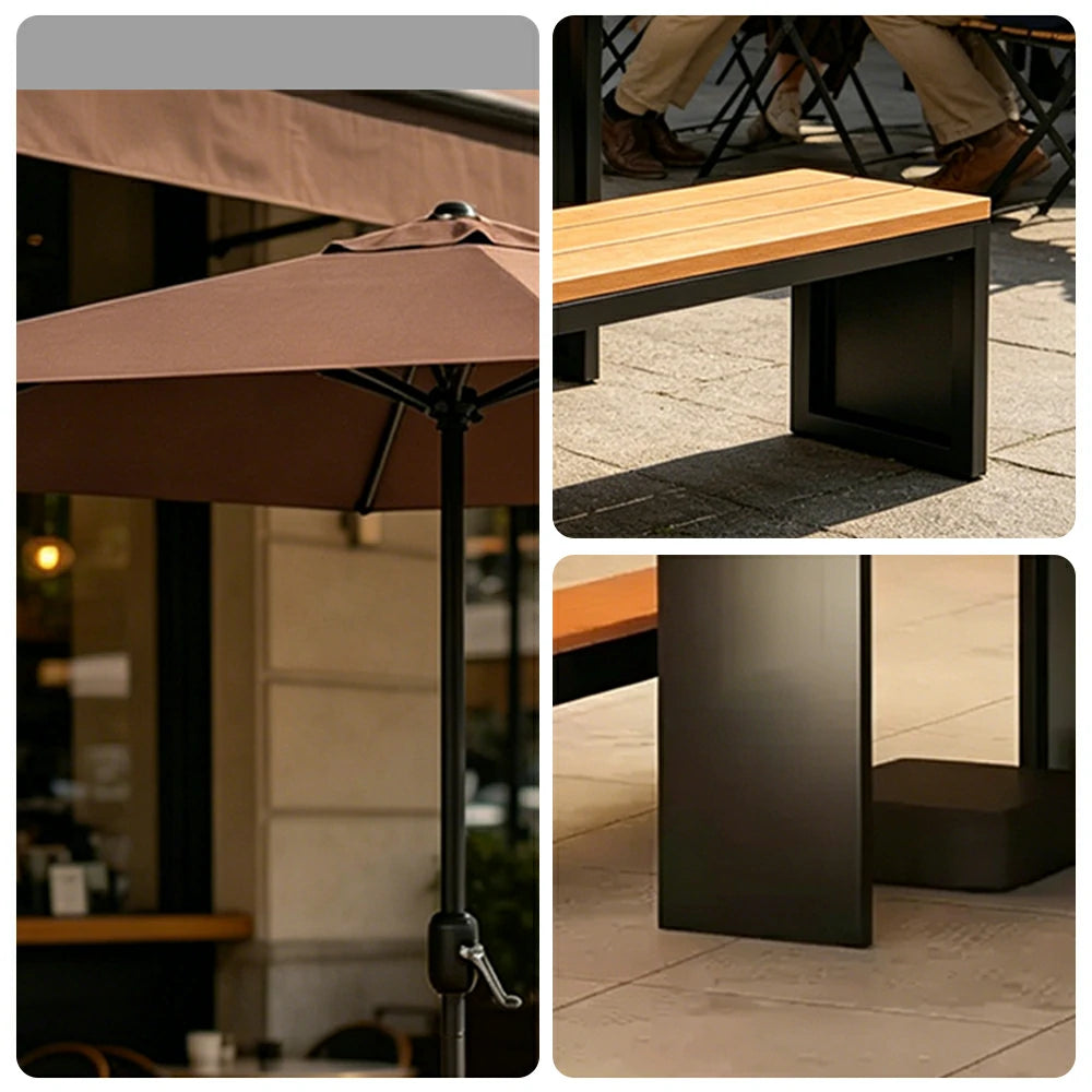 SOLARA Outdoor Table Bench Set with Umbrella Heavy Duty Metal Frame 120/140/160cm Patio Garden Cafe Use - Black