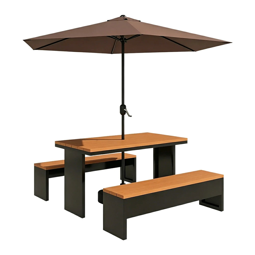 SOLARA Outdoor Table Bench Set with Umbrella Heavy Duty Metal Frame 120/140/160cm Patio Garden Cafe Use - Black