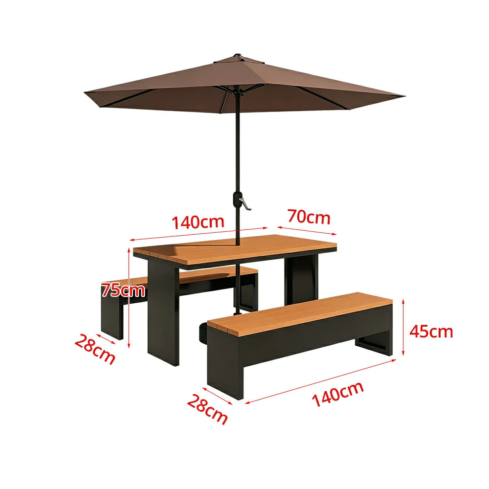 SOLARA Outdoor Table Bench Set with Umbrella Heavy Duty Metal Frame 120/140/160cm Patio Garden Cafe Use - Black