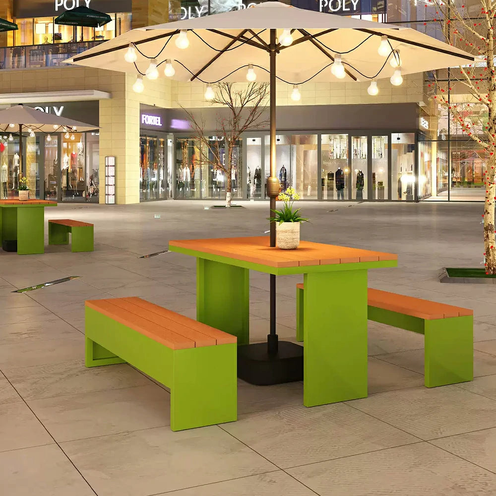 SOLARA Outdoor Table Bench Set with Umbrella Heavy Duty Metal Frame 120/140/160cm Patio Garden Cafe Use - Green