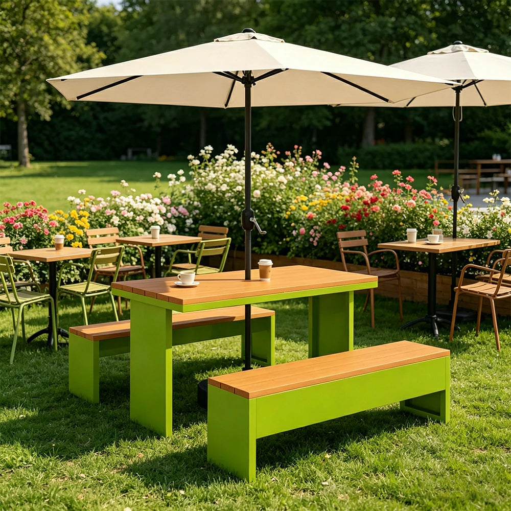 SOLARA Outdoor Table Bench Set with Umbrella Heavy Duty Metal Frame 120/140/160cm Patio Garden Cafe Use - Green