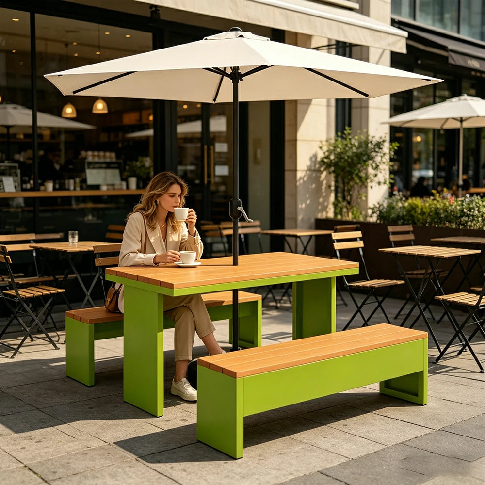SOLARA Outdoor Table Bench Set with Umbrella Heavy Duty Metal Frame 120/140/160cm Patio Garden Cafe Use - Green