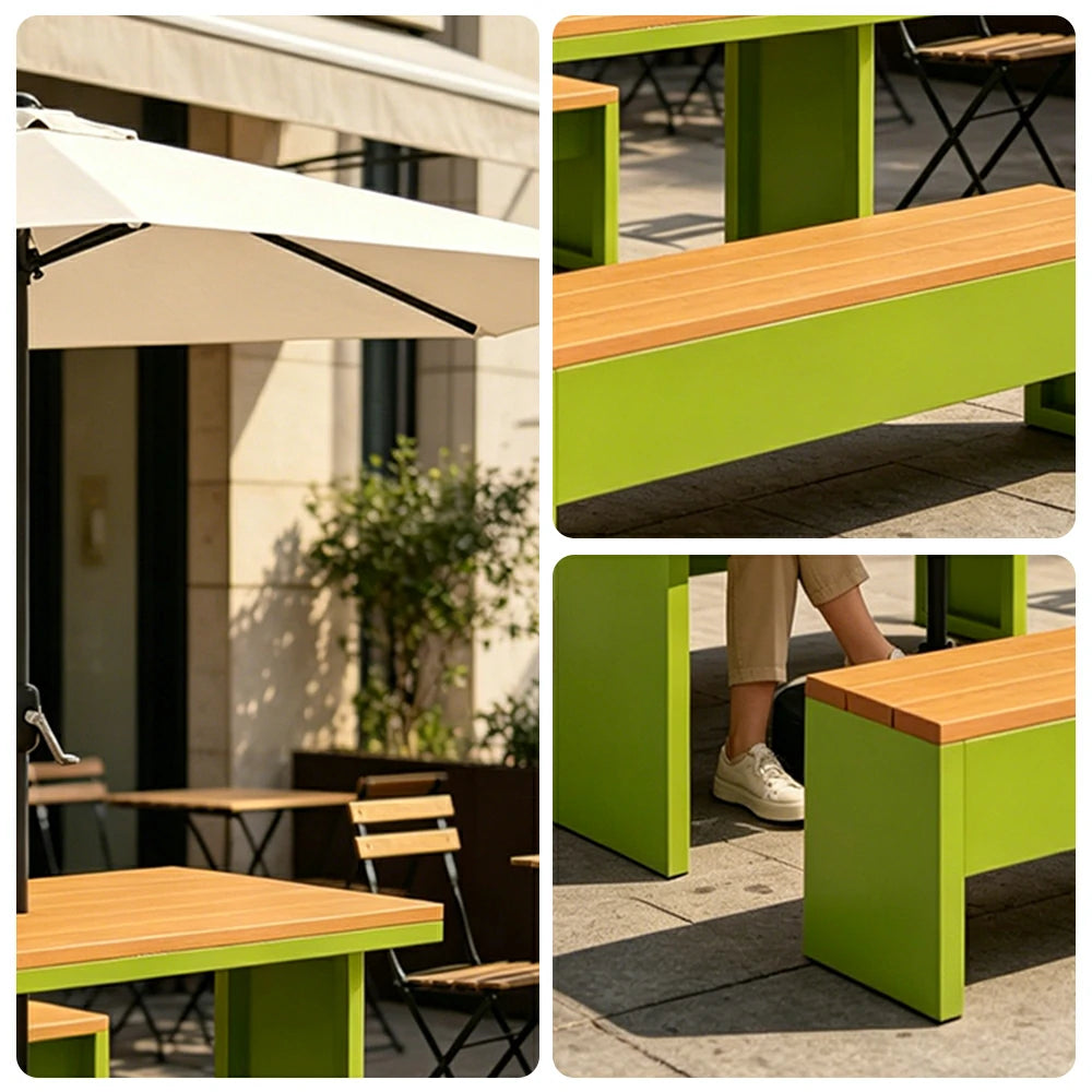 SOLARA Outdoor Table Bench Set with Umbrella Heavy Duty Metal Frame 120/140/160cm Patio Garden Cafe Use - Green