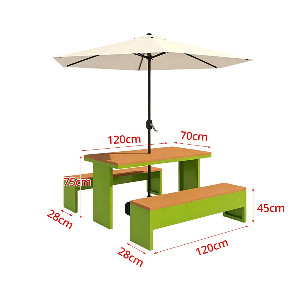SOLARA Outdoor Table Bench Set with Umbrella Heavy Duty Metal Frame 120/140/160cm Patio Garden Cafe Use - Green