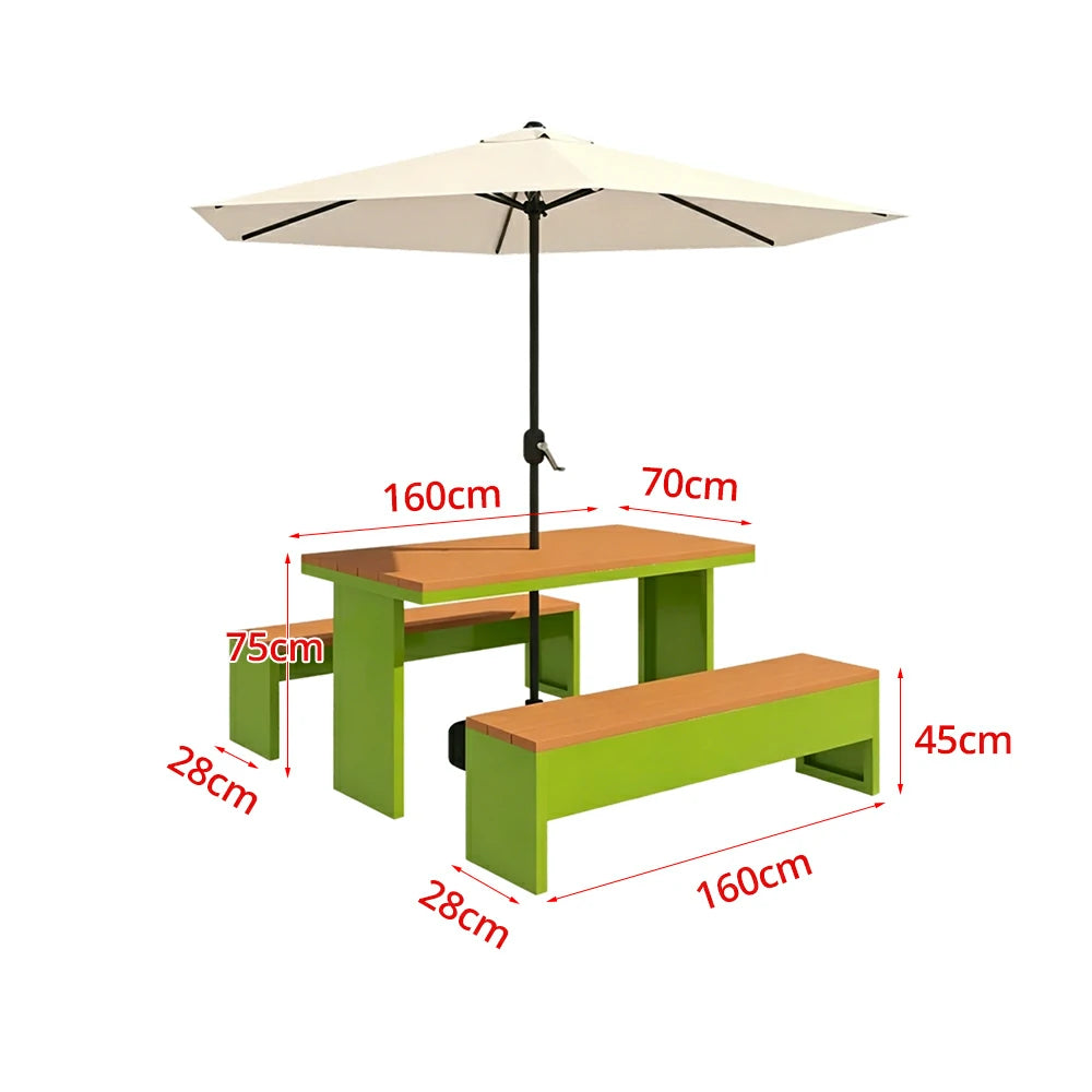 SOLARA Outdoor Table Bench Set with Umbrella Heavy Duty Metal Frame 120/140/160cm Patio Garden Cafe Use - Green