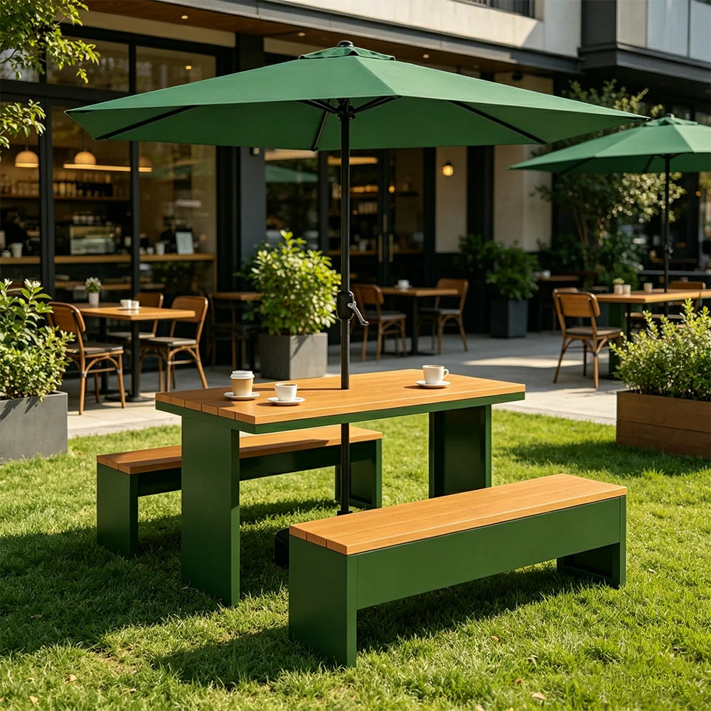 SOLARA Outdoor Table Bench Set with Umbrella Heavy Duty Metal Frame 120/140/160cm Patio Garden Cafe Use - Dark Green