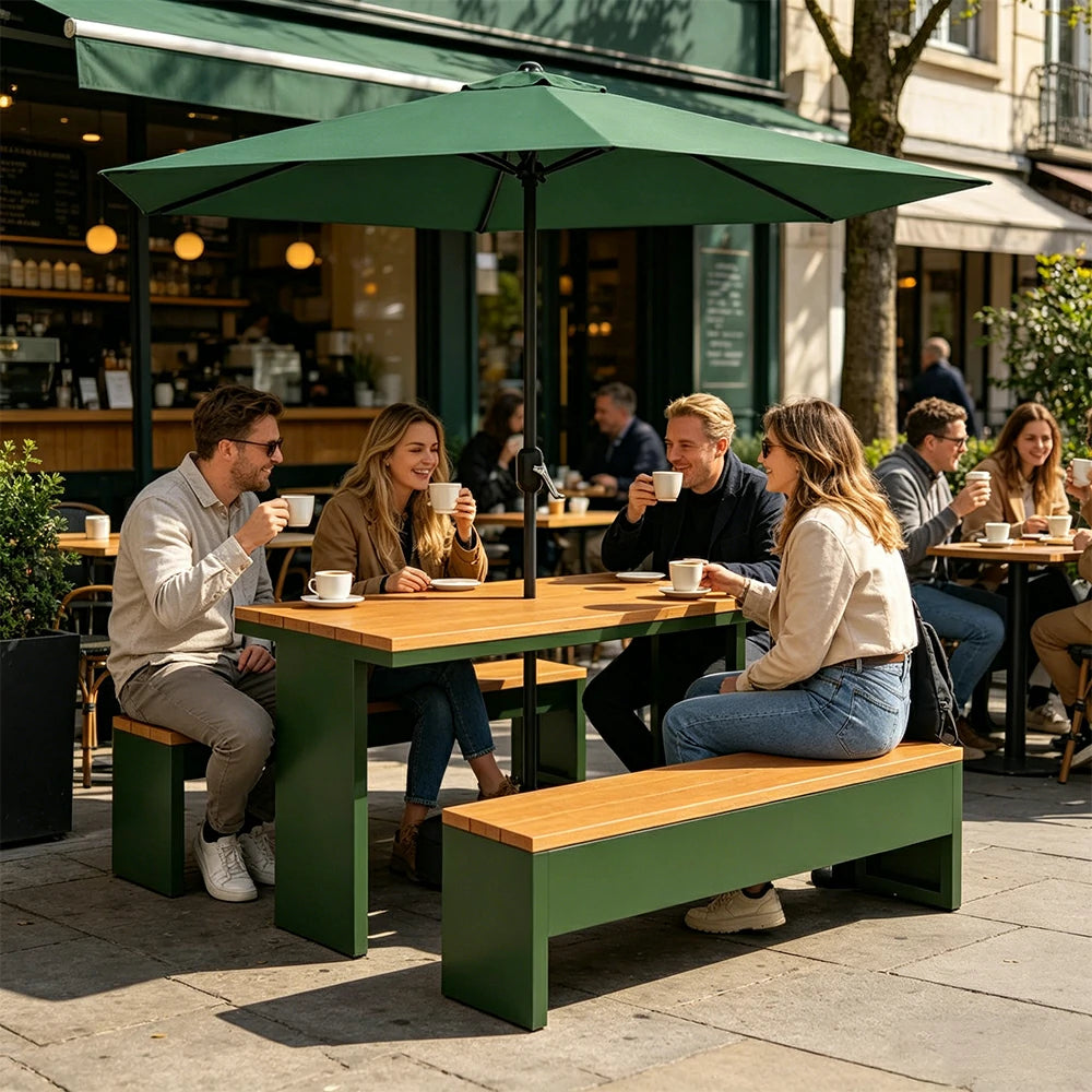 SOLARA Outdoor Table Bench Set with Umbrella Heavy Duty Metal Frame 120/140/160cm Patio Garden Cafe Use - Dark Green