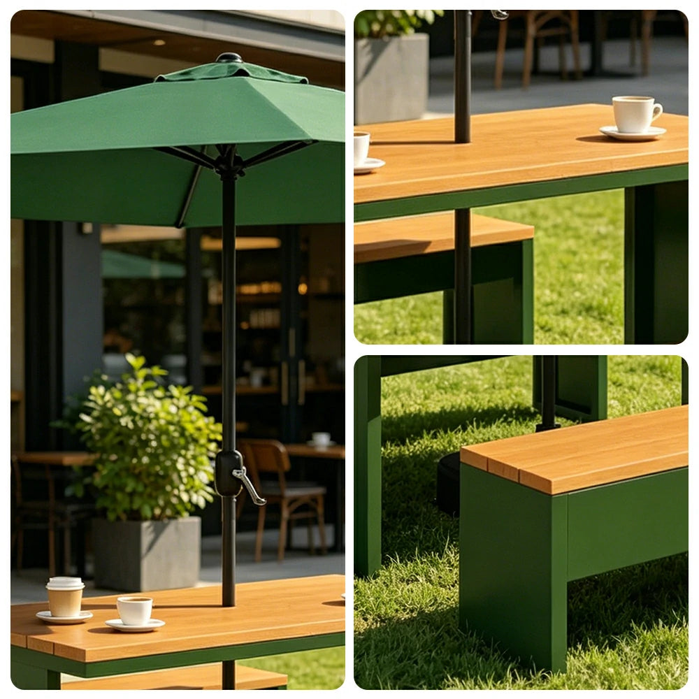 SOLARA Outdoor Table Bench Set with Umbrella Heavy Duty Metal Frame 120/140/160cm Patio Garden Cafe Use - Dark Green