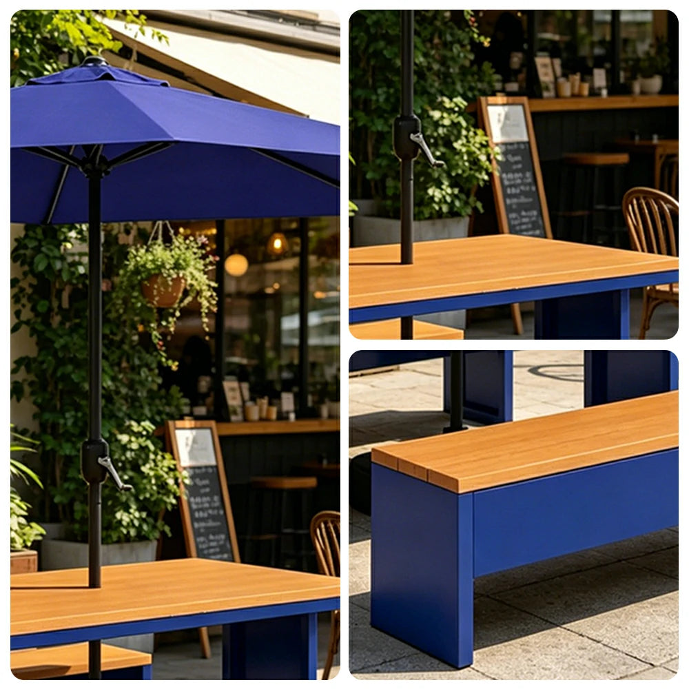 SOLARA Outdoor Table Bench Set with Umbrella Heavy Duty Metal Frame 120/140/160cm Patio Garden Cafe Use - Blue