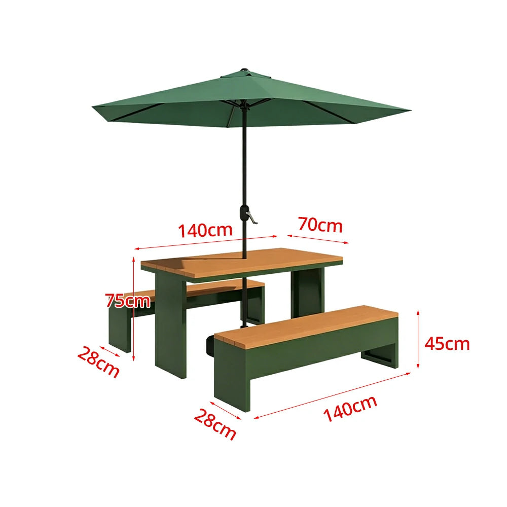 SOLARA Outdoor Table Bench Set with Umbrella Heavy Duty Metal Frame 120/140/160cm Patio Garden Cafe Use - Dark Green