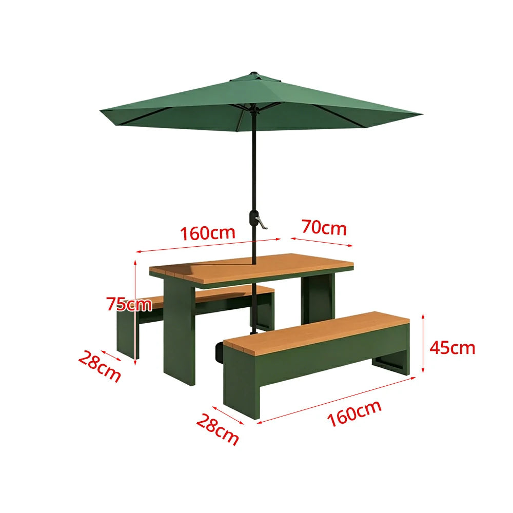 SOLARA Outdoor Table Bench Set with Umbrella Heavy Duty Metal Frame 120/140/160cm Patio Garden Cafe Use - Dark Green