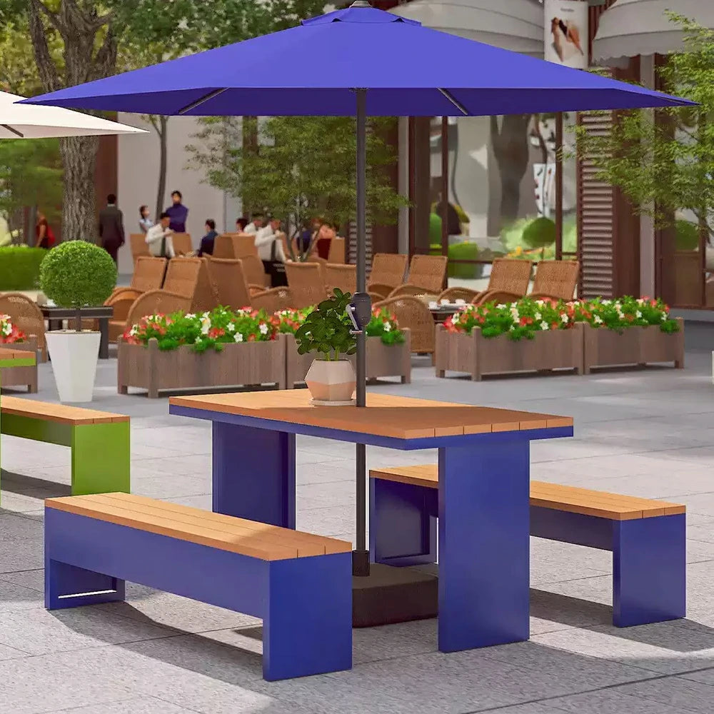 SOLARA Outdoor Table Bench Set with Umbrella Heavy Duty Metal Frame 120/140/160cm Patio Garden Cafe Use - Blue