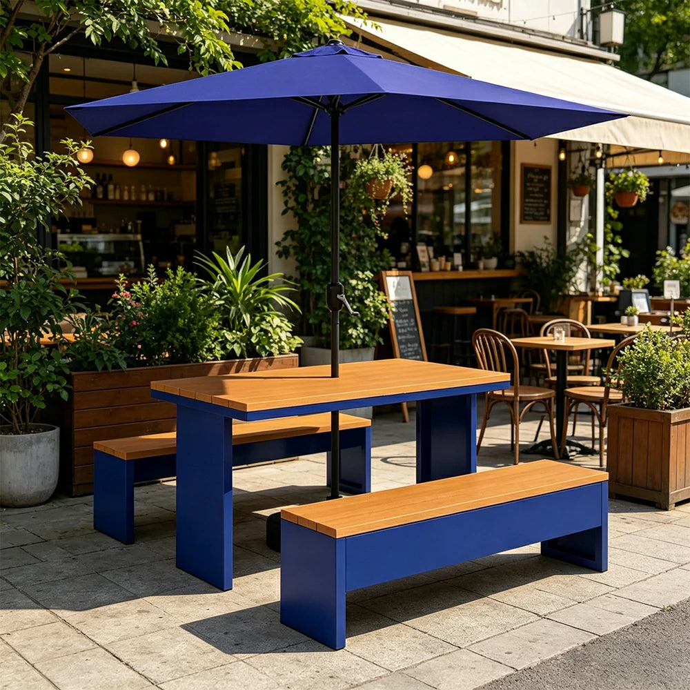 SOLARA Outdoor Table Bench Set with Umbrella Heavy Duty Metal Frame 120/140/160cm Patio Garden Cafe Use - Blue
