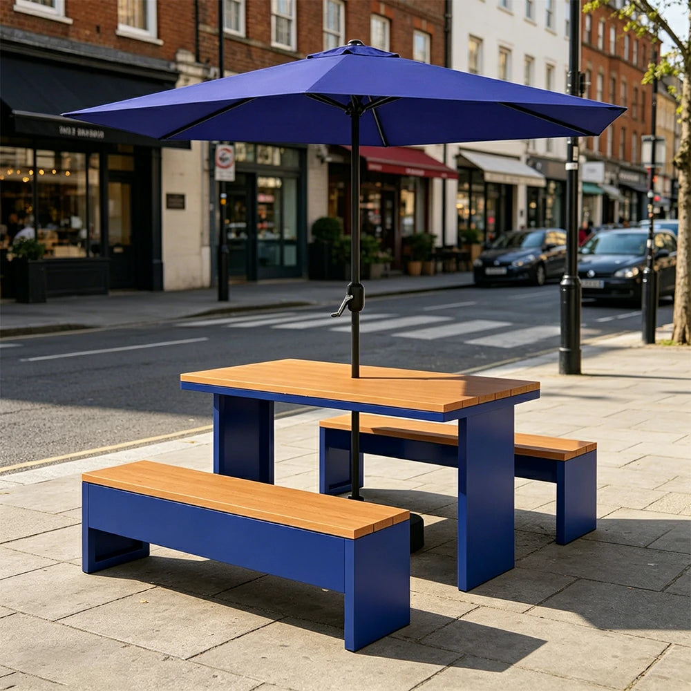 SOLARA Outdoor Table Bench Set with Umbrella Heavy Duty Metal Frame 120/140/160cm Patio Garden Cafe Use - Blue
