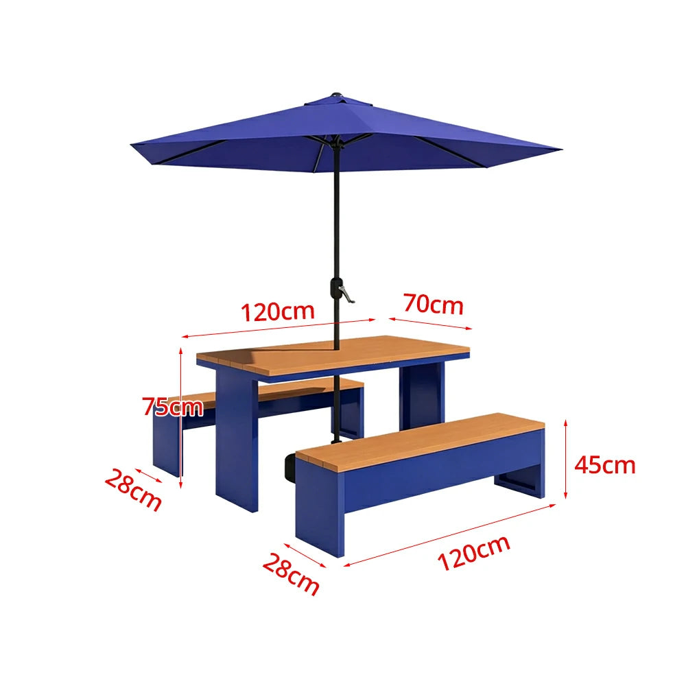 SOLARA Outdoor Table Bench Set with Umbrella Heavy Duty Metal Frame 120/140/160cm Patio Garden Cafe Use - Blue
