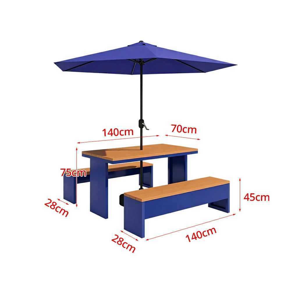 SOLARA Outdoor Table Bench Set with Umbrella Heavy Duty Metal Frame 120/140/160cm Patio Garden Cafe Use - Blue