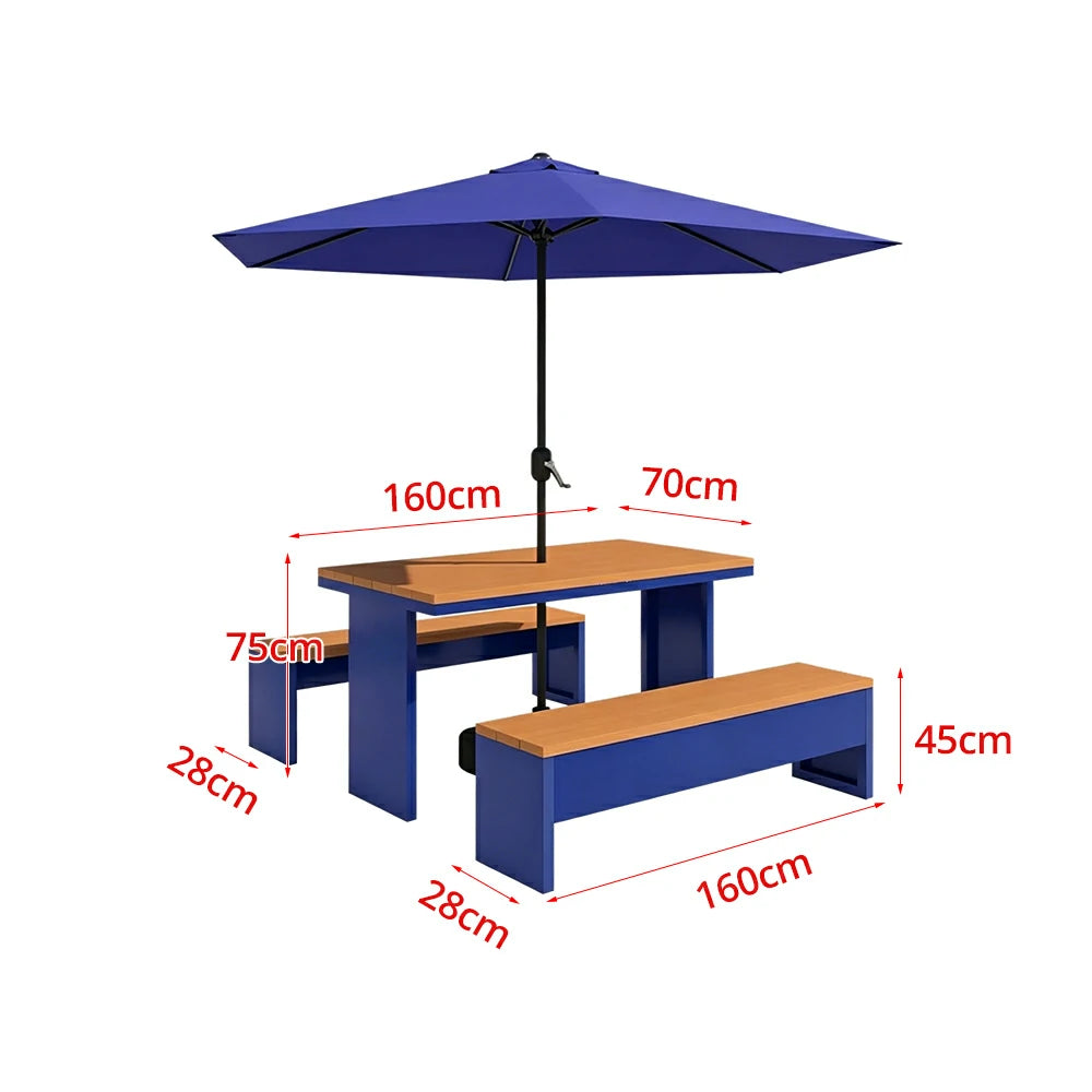 SOLARA Outdoor Table Bench Set with Umbrella Heavy Duty Metal Frame 120/140/160cm Patio Garden Cafe Use - Blue