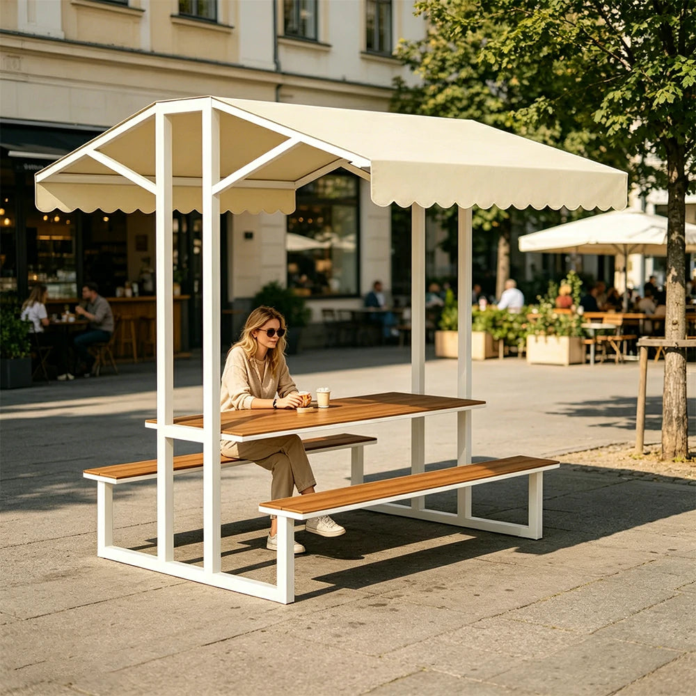 SOLARA Outdoor Table Bench Set with Canopy Metal Frame WPC Surface 120/160/200cm for Patio Garden Cafe - White